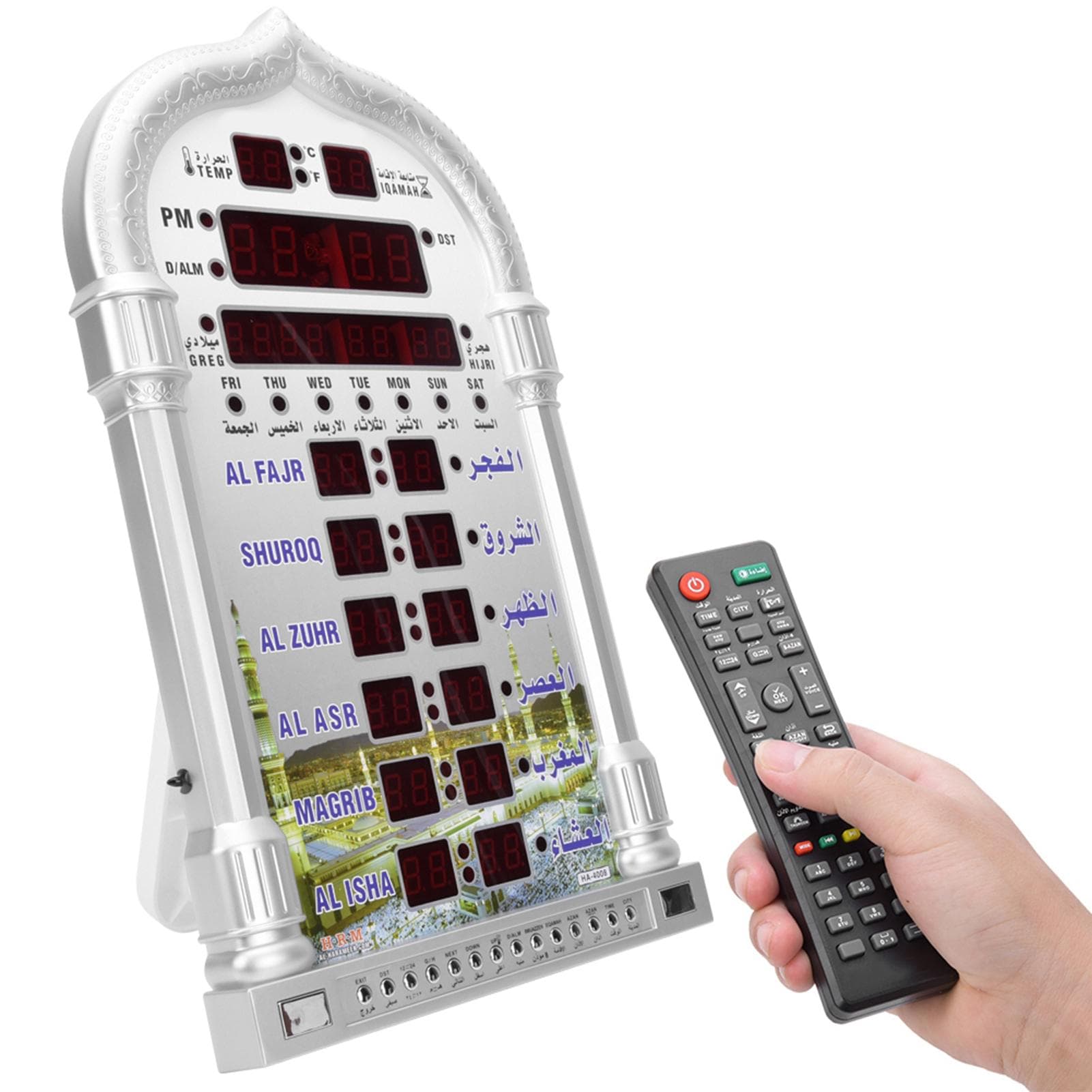 Muslim Azan Digital Wall Table Clock 5 Times Prayer Reminder Electronic Calendar Remote US Plug silver
