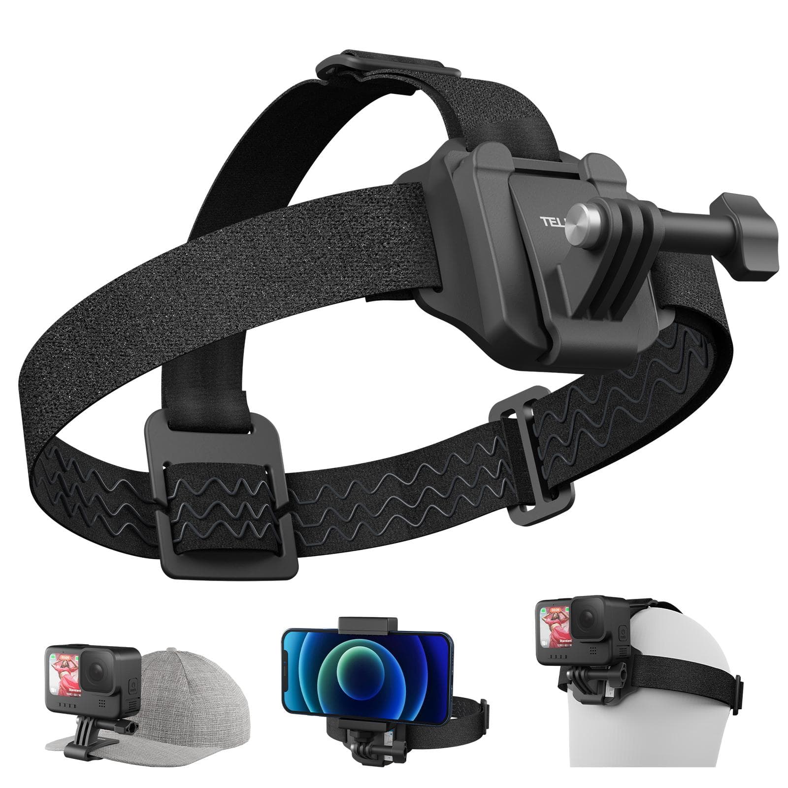 TELESIN QHM-001 2-in-1 Headband for Action Camera Adjustable Head Strap Quick Release Camera Hat black