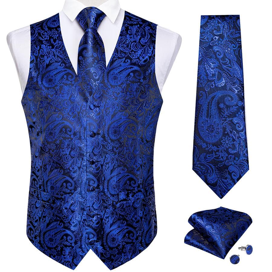 Dibangu Mens Yellow Paisley Vest Suit Waistcoat Hanky Cufflinks Tie Set Wedding L