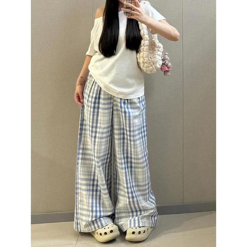 Blue Plaid Casual Pants for Women In Spring and Summer Loose and Versatile Wide-leg Floor Straight Trousers 4XL