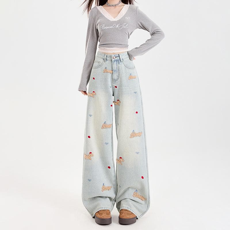 High Waist Wide-leg Jeans for Women In Spring Embroidery Slim Loose Floor Pants Wide-leg Trousers for Women In Spring M