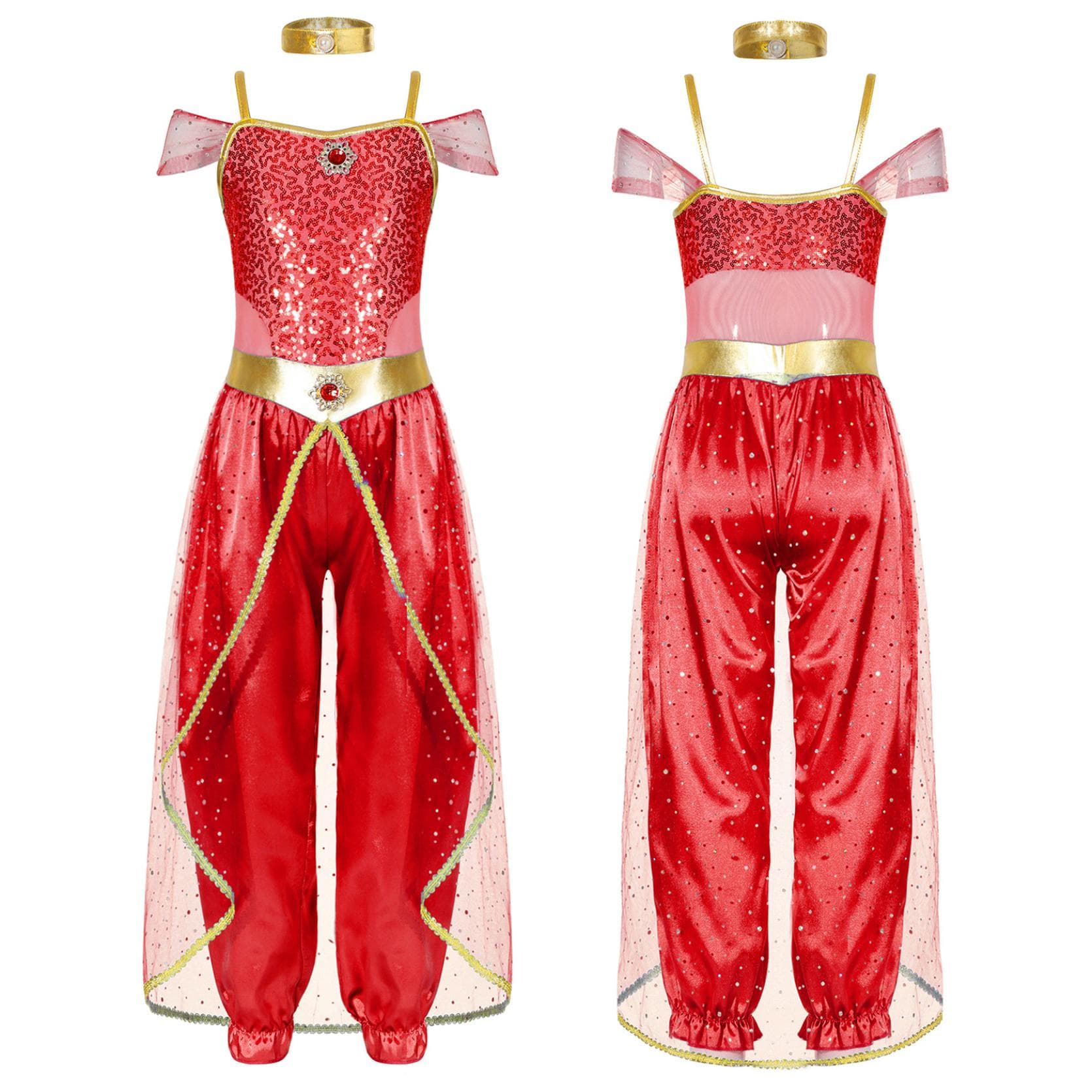 Girls Arabian Princess Costume Sleeveless Shiny Sequins Long Jumpsuit Bodysuit with Choker for Cosplay Belly Dance Dress Up 11-12 Years red