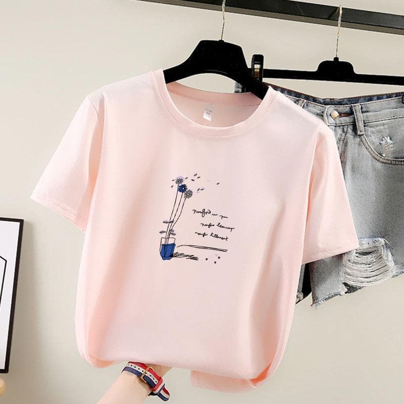 Summer 2025 New Short-sleeved T-shirt Women's Round-neck Printed Top S pink