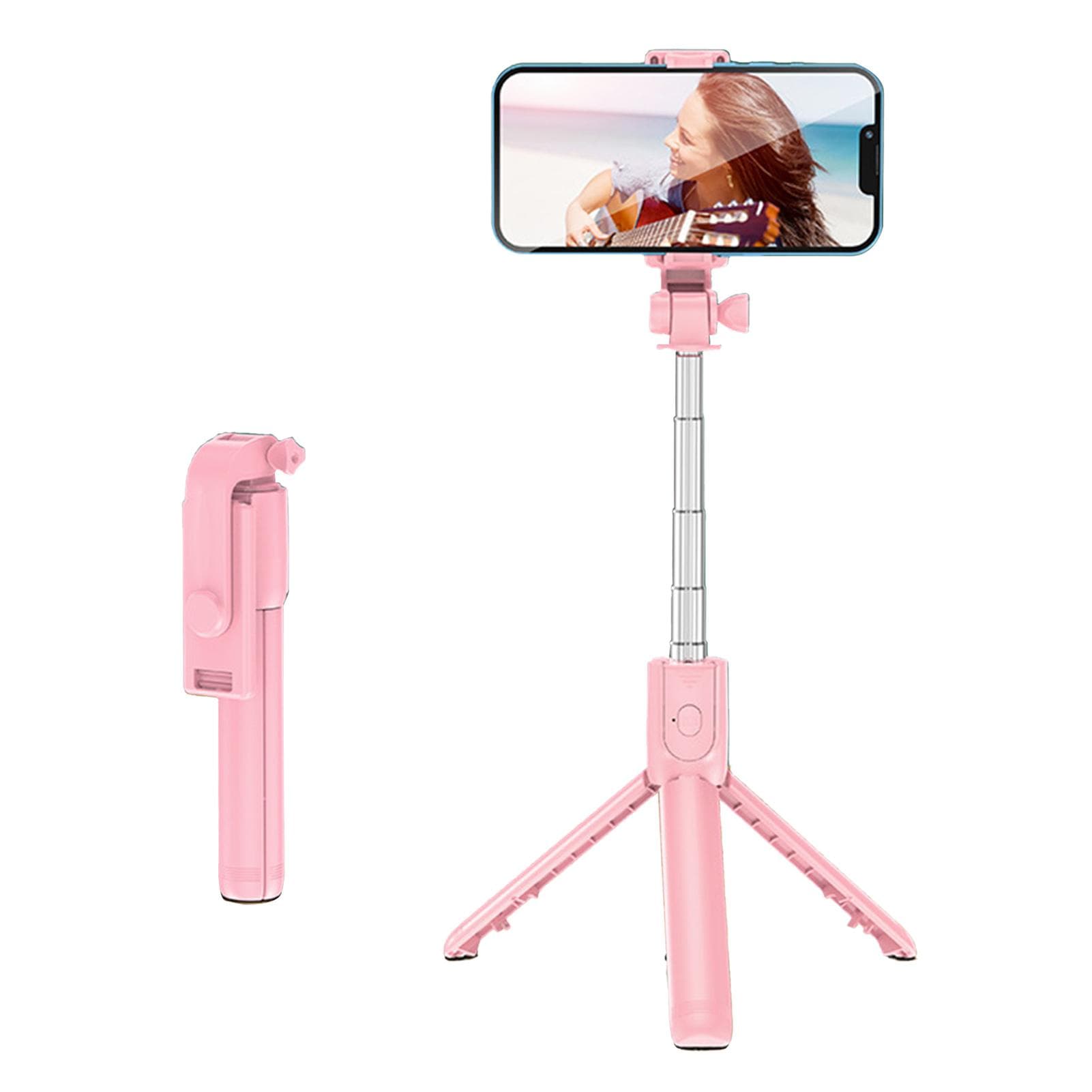 Live Video Tripod Selfie Stick Stainless Steel Telescopic Folding Portable Selfie Rod with Remote pink