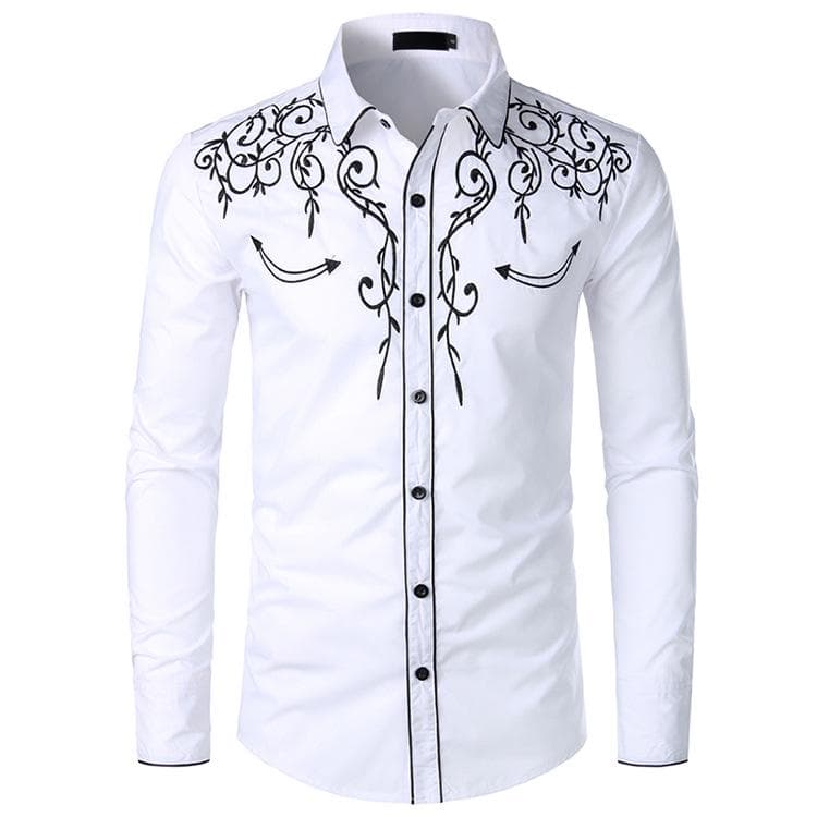 Mens Western Cowboy Embroidered Shirt Slim Fit Casual Long Sleeve Button Down Party Shirts S-2XL M white