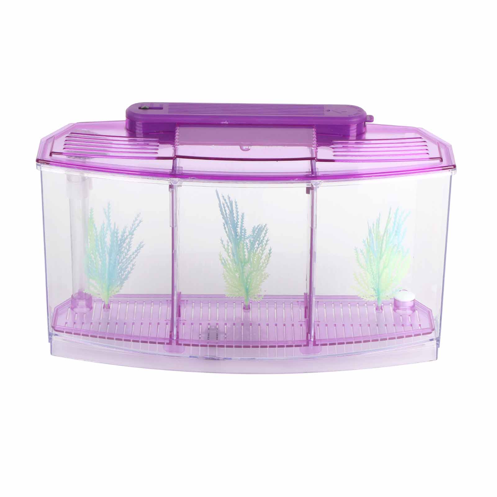 Aquarium Fish Tank LED Acrylic Three Divisions Breeding Isolation Box for Small Fishes(purple)