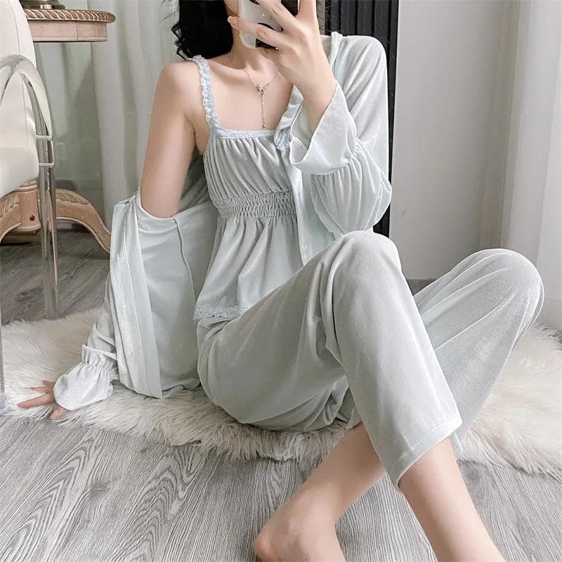 Women Warm 3Pcs Pajamas Set Nightwear Autumn New Gold Velour Home Clothes Sexy Sling Top&pants Loose Nightgown Velvet Lingerie XL blue