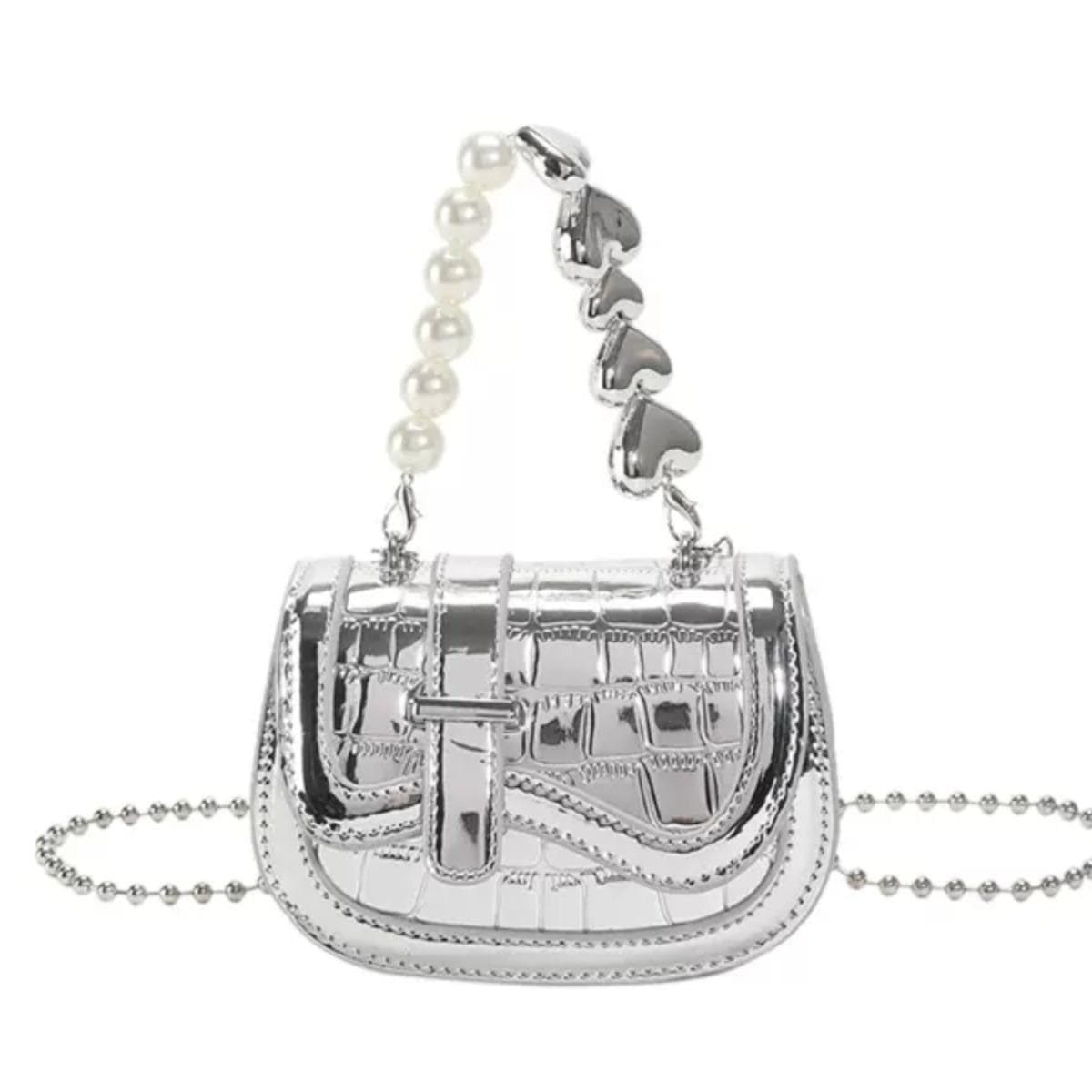 Niche and High-quality Pearl Chain Crossbody Mini Silver Hand-held Bag