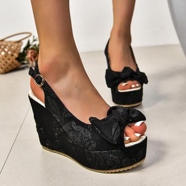 Embroidered Wedge Sandals Women Fashion Bowknot Chunky Platform Sandles 41 black