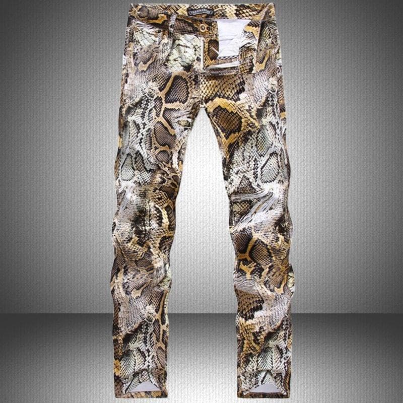Design Skinny Denim Trousers Casual Man Pants Snakeskin Printed Jeans for Men 30