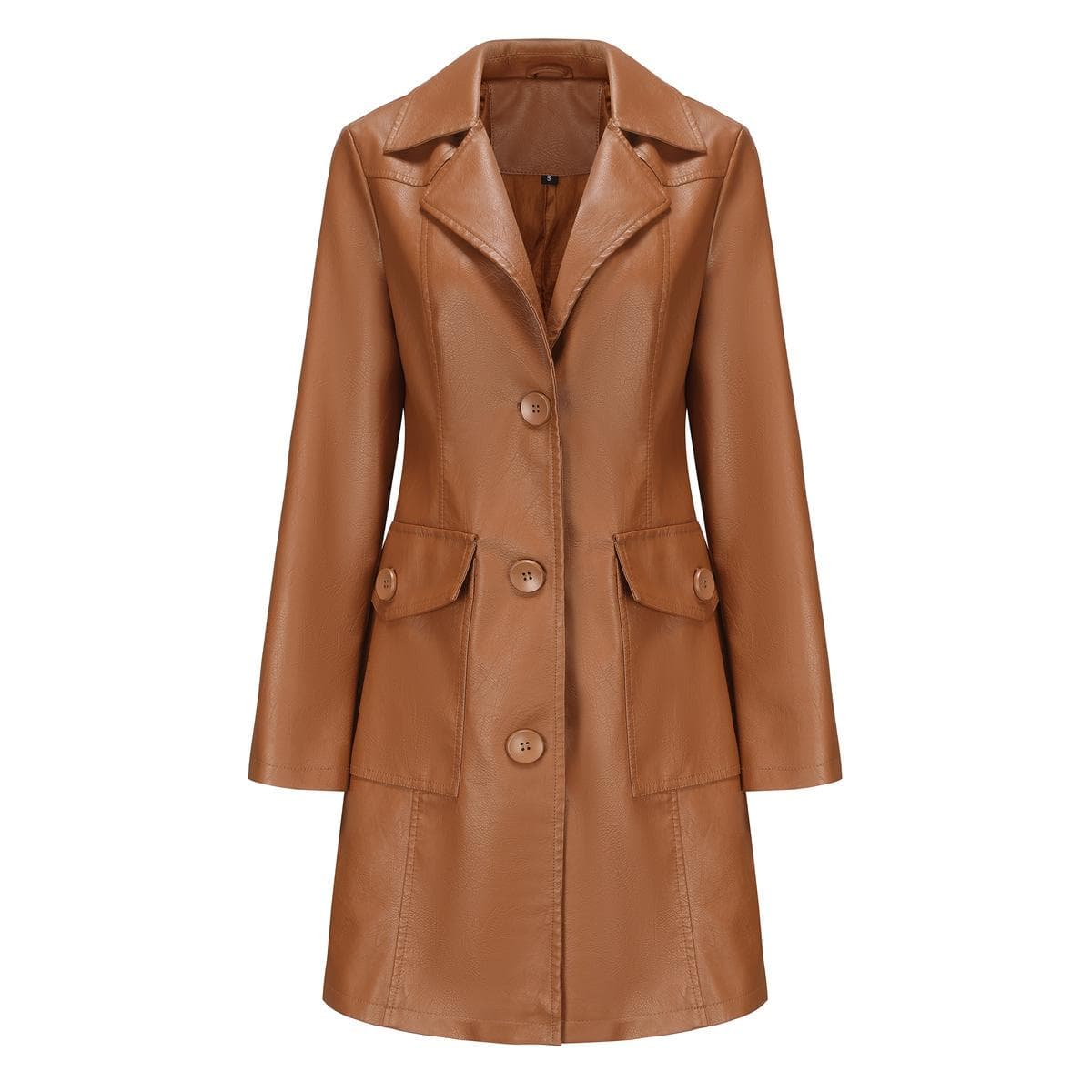 New Long Leather Coat, Spring and Autumn Long-sleeved Leather Windbreaker, Fashionable British Coat for Women, Single-breasted Lapel XL
