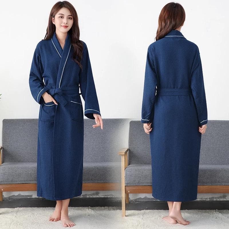 Bathrobe Women Waffle Cotton Extra Long Robe Solid Robe Female Long Soft Casual Sleepwear Pajamas For Women Home Robe Sping M dark blue