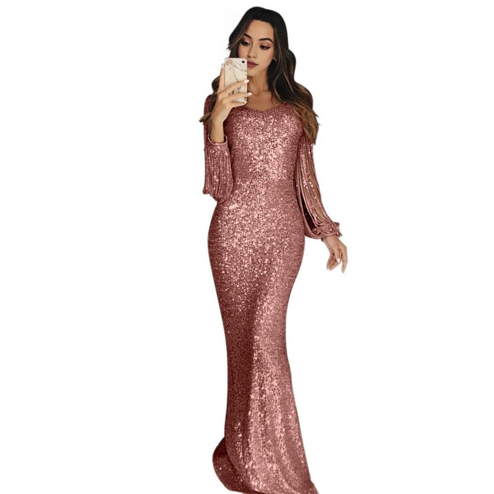 Women Prom Dress Tassel Sleeves Sheath Slim Fit V Neck Solid Color Sequin Fishtail Hem Evening Dress Cocktail Party Maxi Dress XXL pink