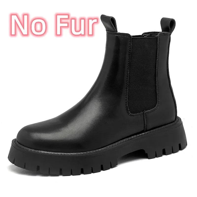 Outdoor Leather Mens Slip on Boots Platform Shoes Men Winter Plush Snow Boots Fashion All-match Men Motocross Boots 44