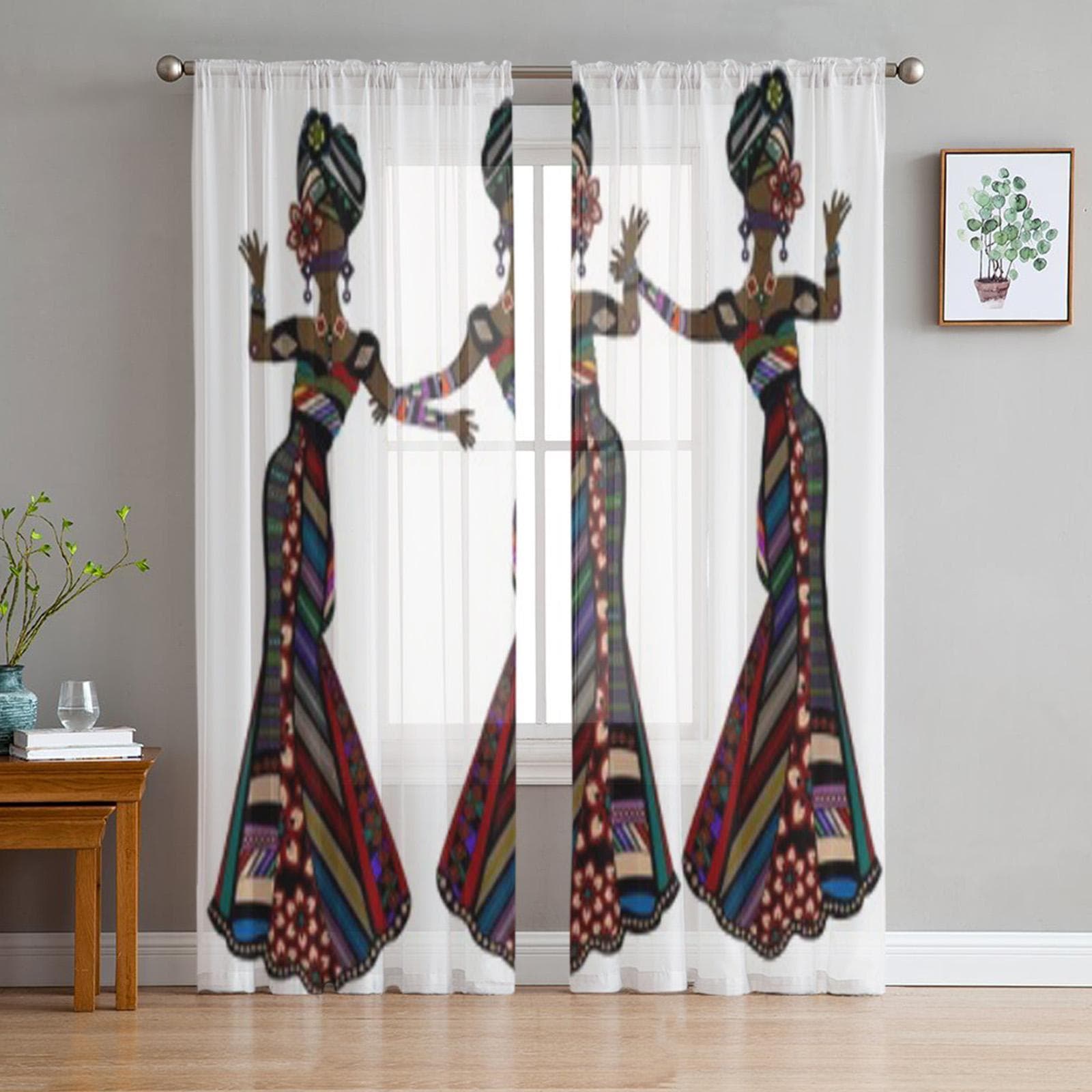 Women Dresses In Ethnic Style Dancing White Sheer Curtains for Living Room Tulle Window Curtain Bedroom Kitchen Veil Drapes 135W x 114H(cm)