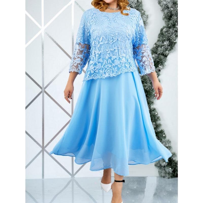 Plus Size Women's New Fashion Lace Chiffon Dress 5XL sky blue