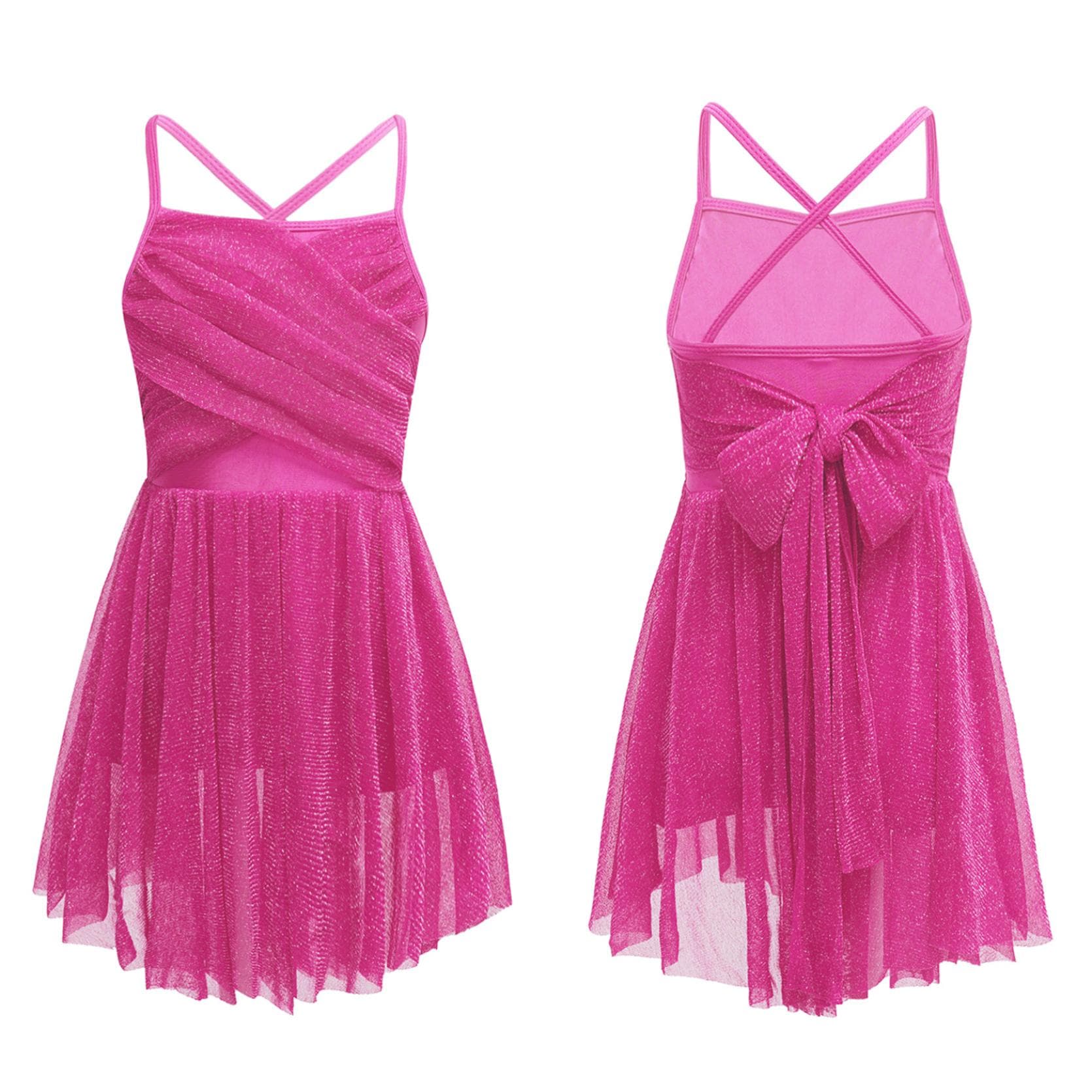 Girls Spaghetti Chiffon Ballet Dance Dress Sleeveless Giltter Mesh Gymnastics Leotard Overlay Lyrical Ballerina Costume 15-16 Years Rose