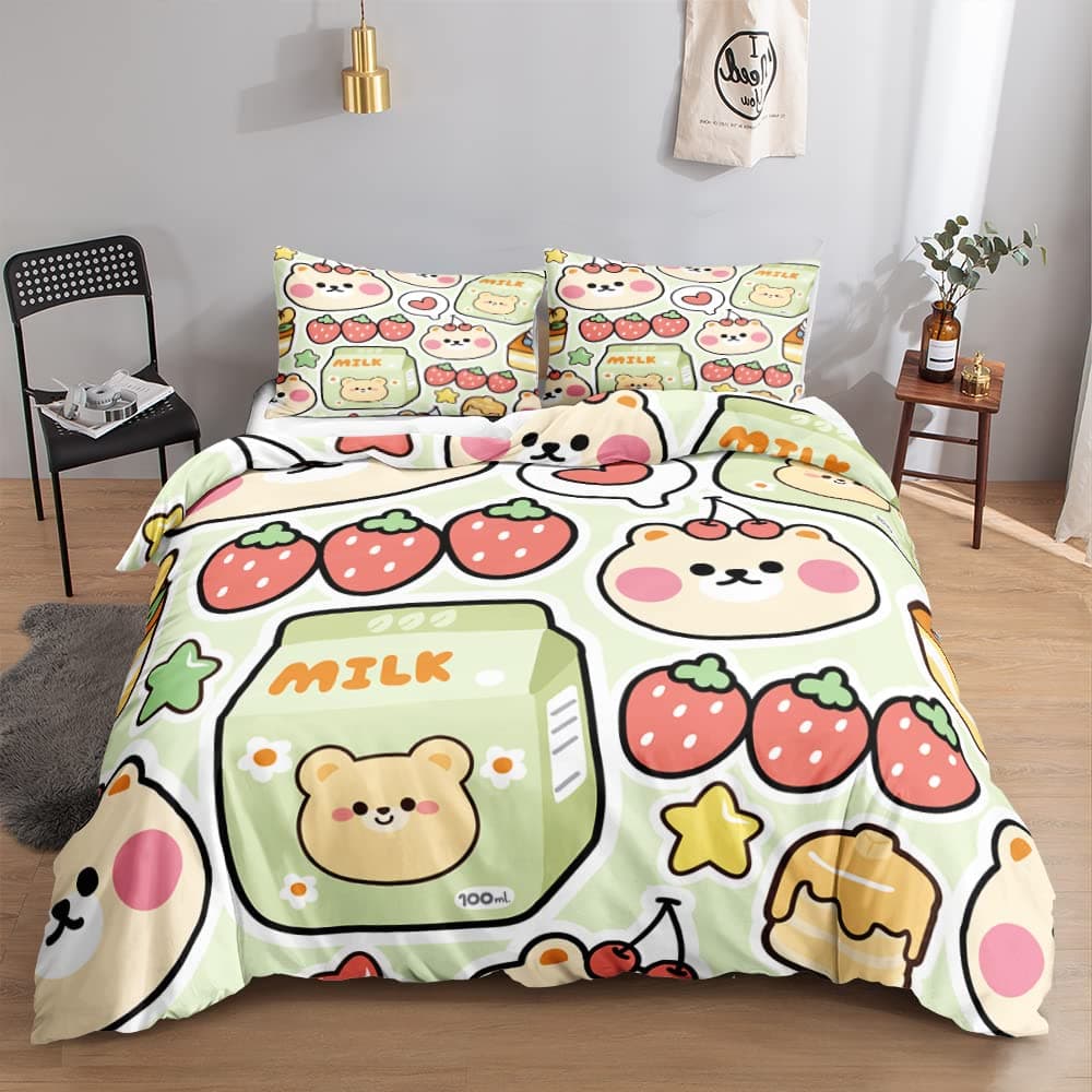 Strawberry Duvet Cover Full Size Comforter Cover Cute Strawberry Pattern Pink Decor Bedding Set for Kids Boys Girls Adults 3Pcs EU single(135x200cm)