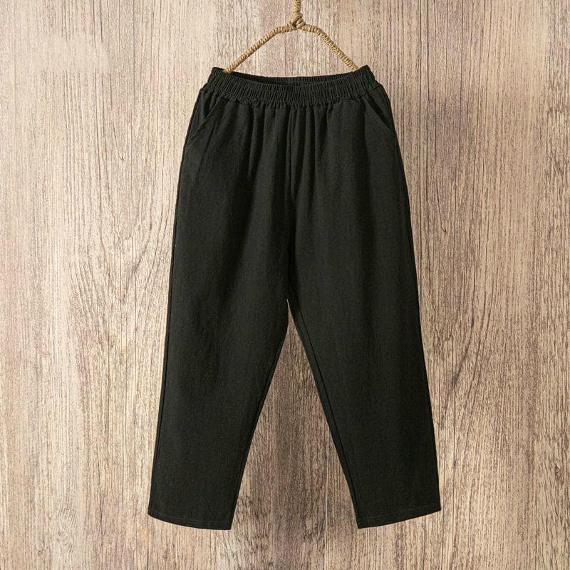Women Summer Casual Loose Harem Pants Elastic Waist Cotton Linen Pants Ninth Trousers XXL black