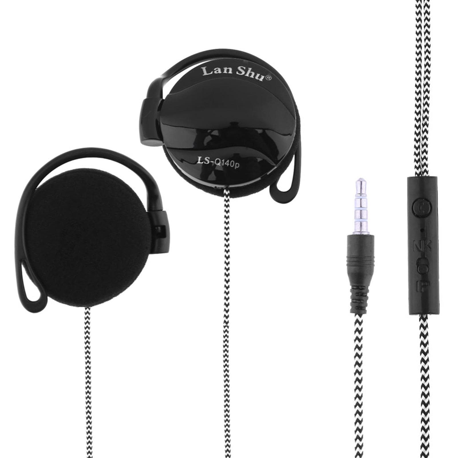 LS-Q140P Sport Headphone 3.5mm Ear-Hook Headset Line Control Earphone Earpiece with Mic for Phone black