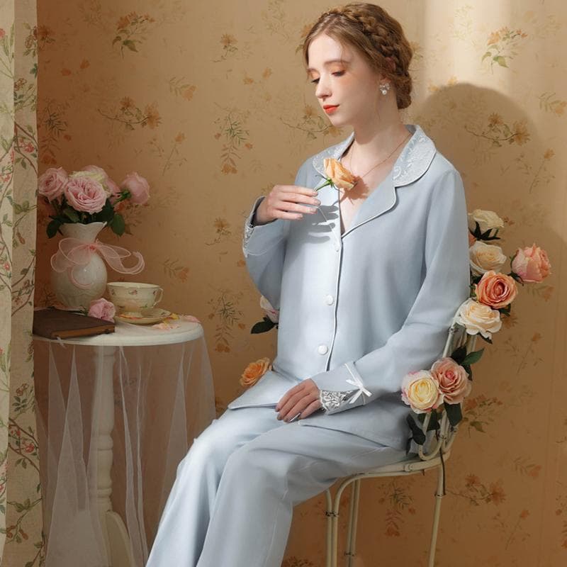 Female Luxury Elegant Pajamas Suit Sexy Lace Patchwork Home Clothes Sleepwear Long Sleeved Trousers 2PCS Pyjamas Set Lounge Wear XL blue