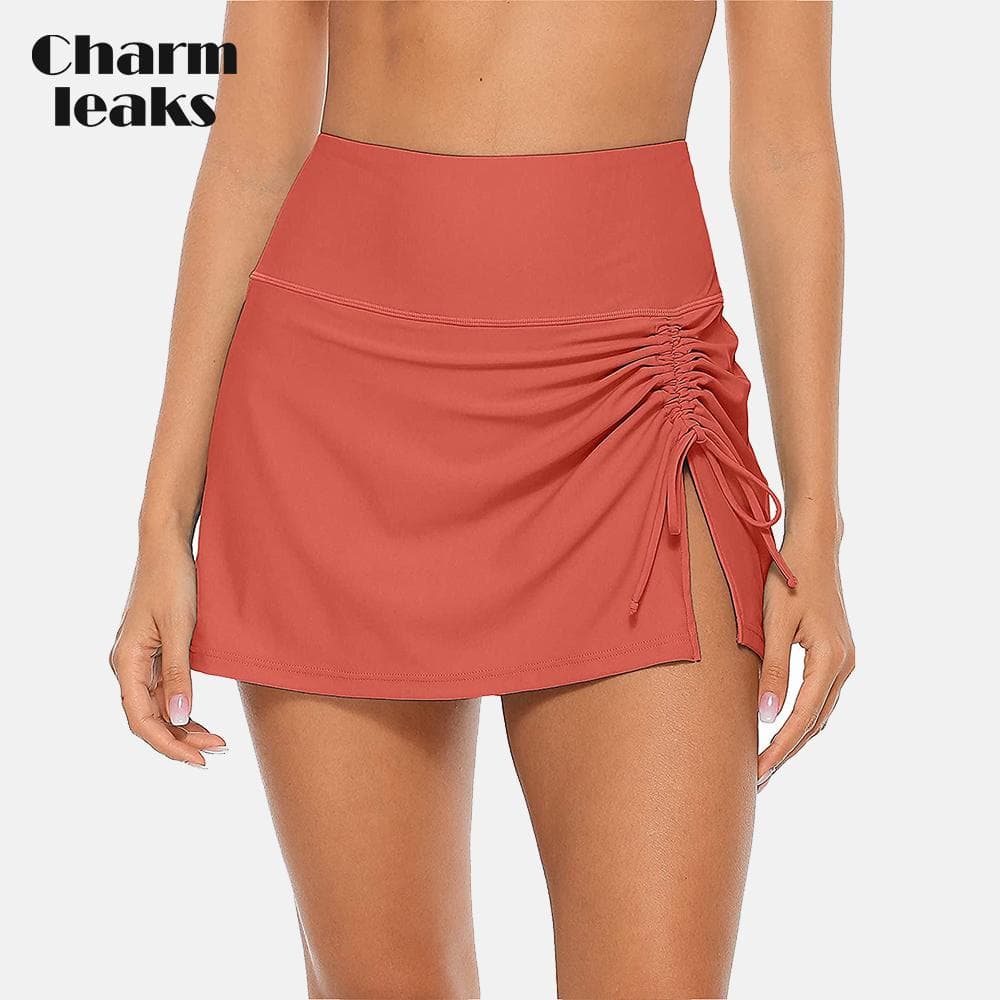 Womens High Waisted Split Swim Skirt Sporty Drawstring Skirted Swim Bottom with Built-in Swimming Panty Swimwear M pink