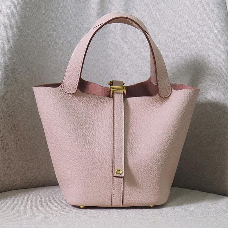 Small Genuine Leather Handbags For Women Designer Tote Bag Without Logo Natural Cowhide Ladies Basket Shopping Bags With Padlock Mini 18x14x19cm light pink