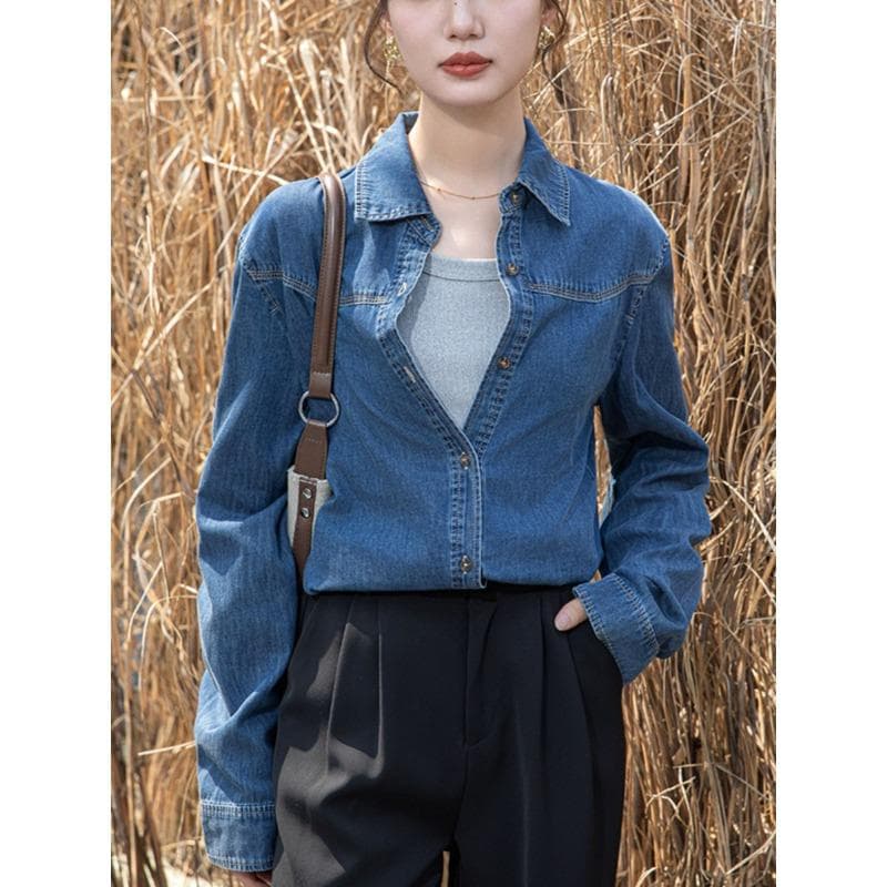 Blue Denim Shirt Women's Design Niche Shirt Winter Retro Hong Kong Style Loose Long-sleeved Casual Top XL