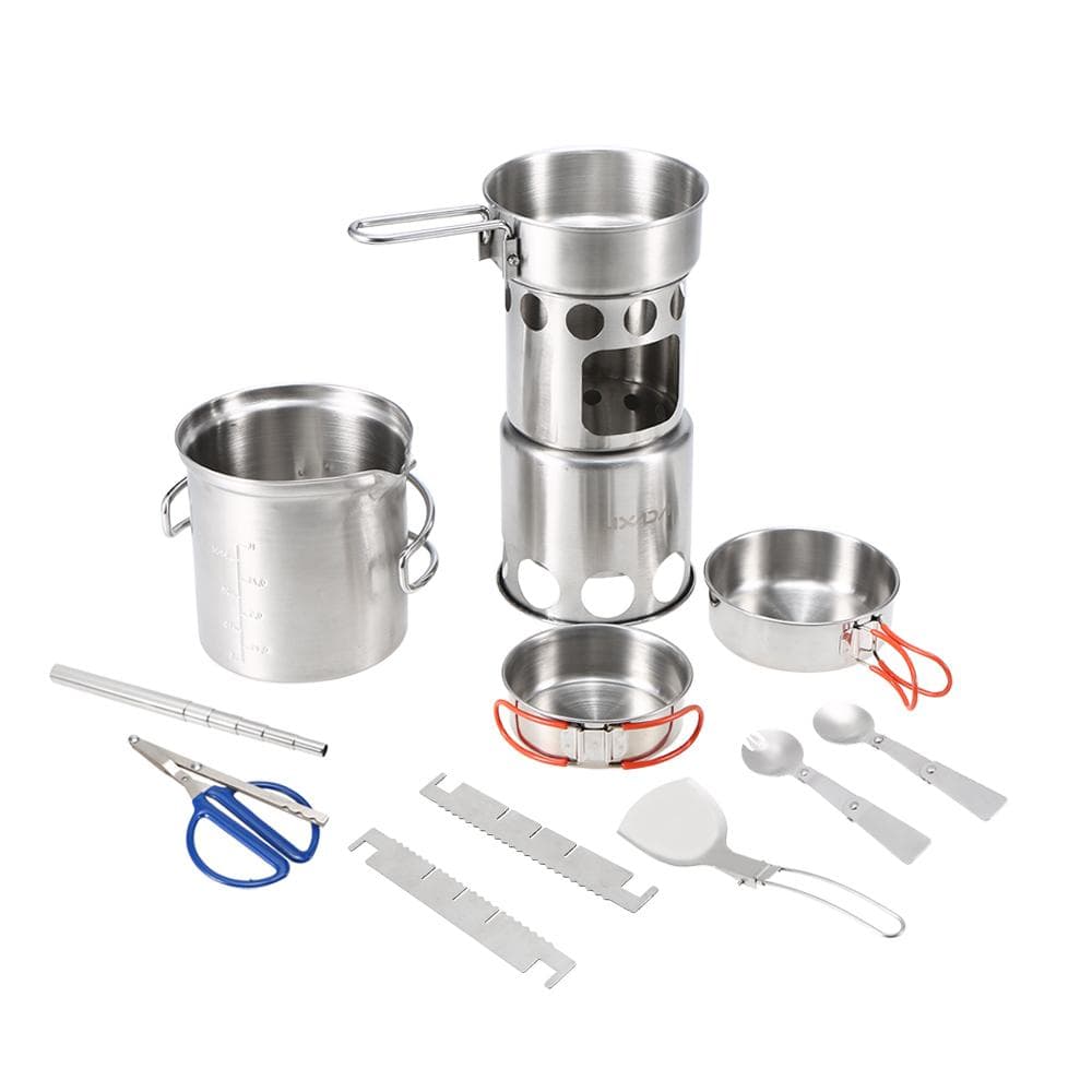 Lixada 10Pcs Camping Cookware Mess Kit Outdoor Portable Stainless Steel Folding Wood Stove Pot Pan 10pcs kit