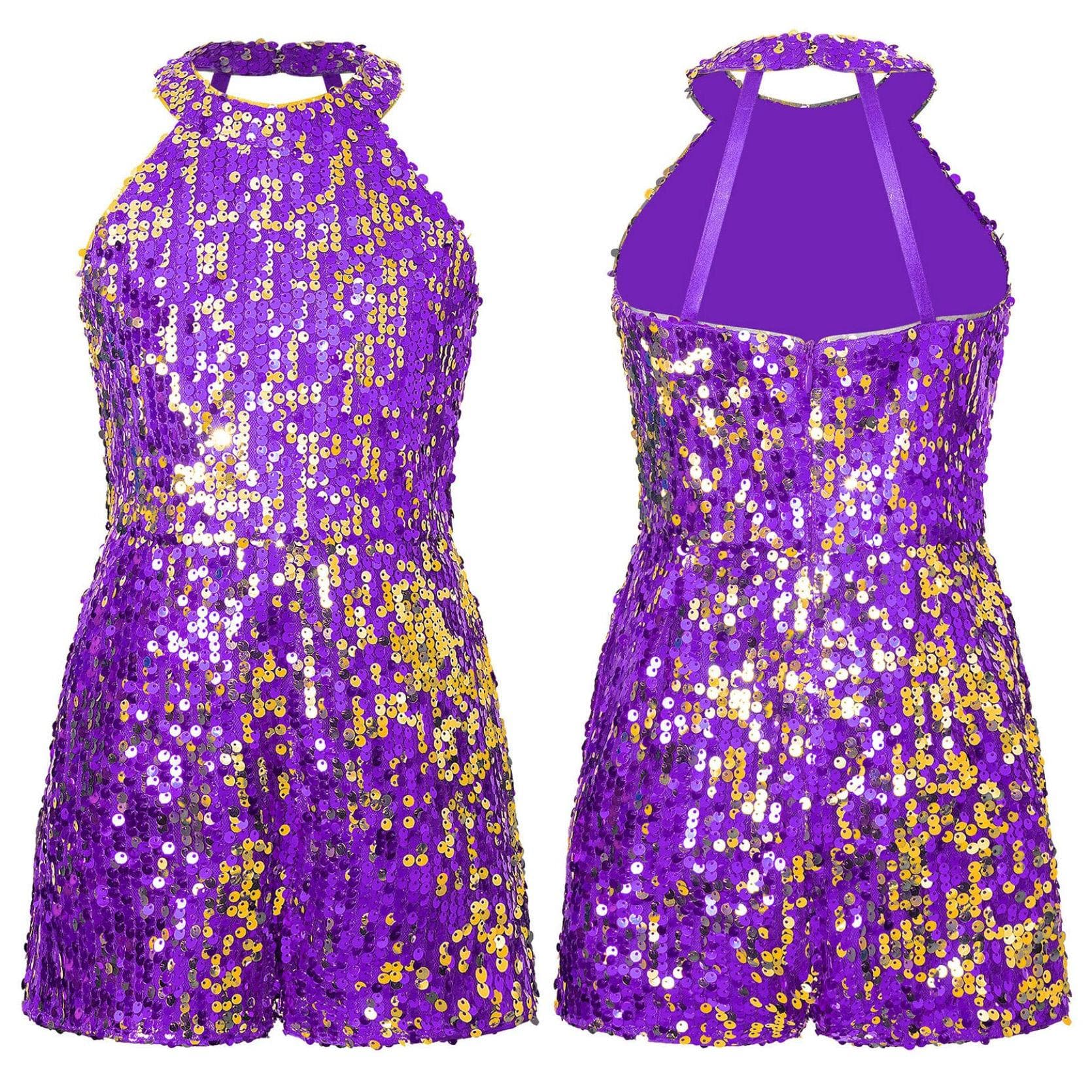 Girls Jazz Dance Costume Halter Shiny Sequins Leotard Sleeveless Short Jumpsuit Stage Performance Clothes purple
