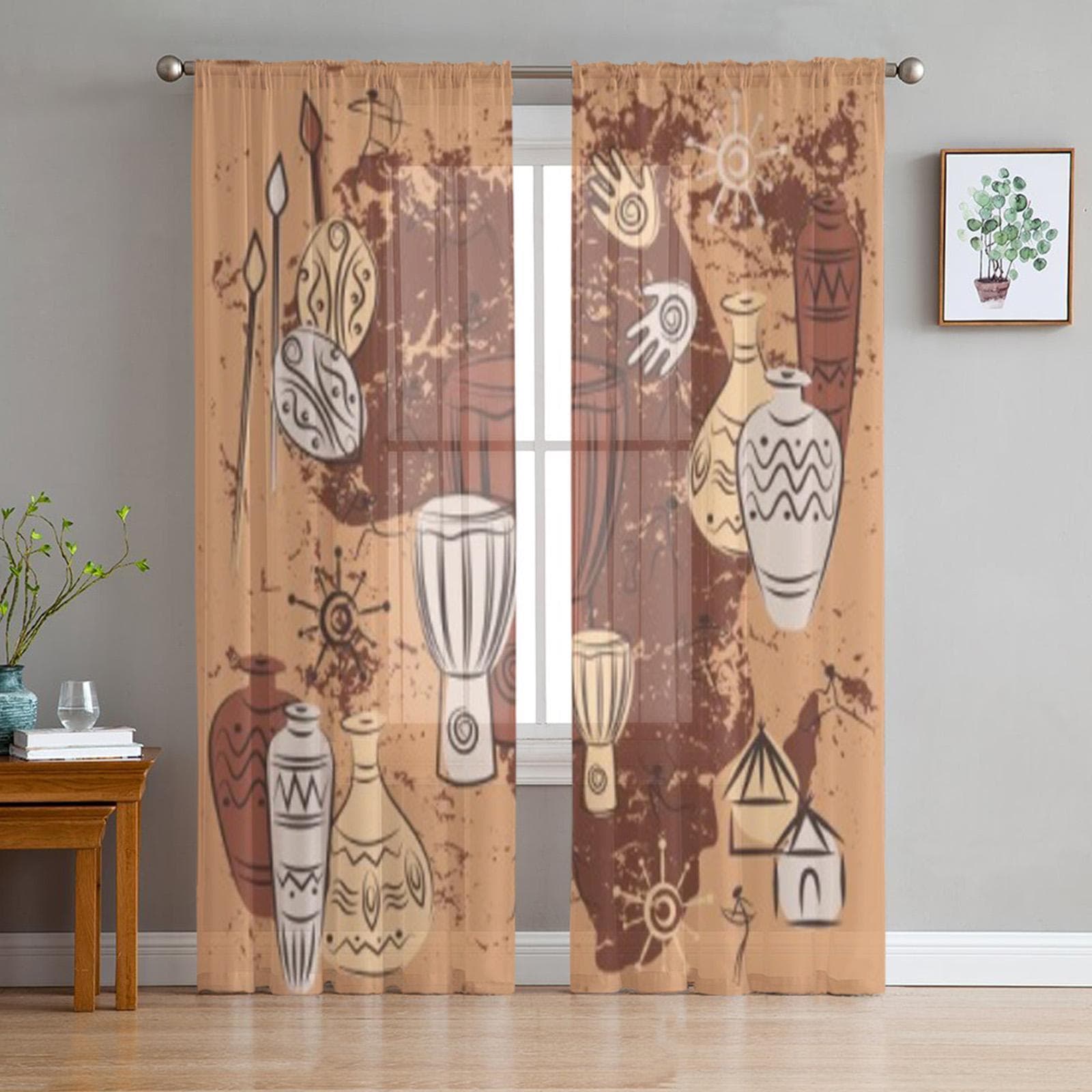 Tribal Art African Ethnic With Traditional Sheer Curtains Living Room Tulle Window Curtain Bedroom Kitchen Drapes 135W x 114H(cm)