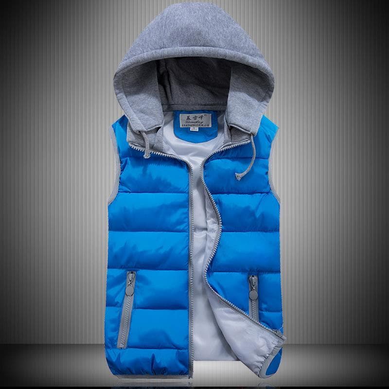 Women Cotton Wool Collar Hooded Down Vest Removable Hat Female Thicken Winter Warm Jacket Outerwear XL blue