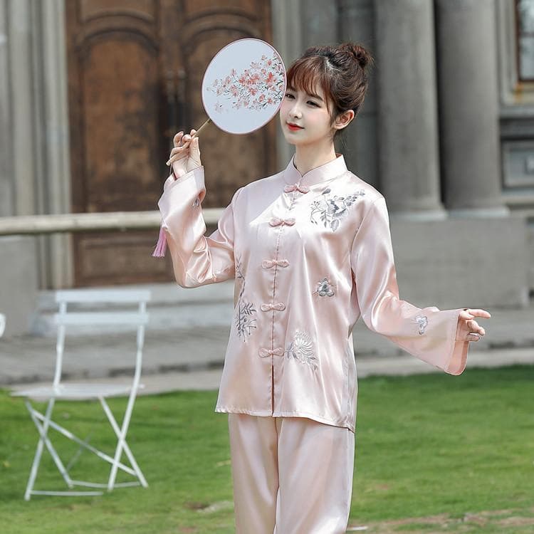Pritning Flower Chinese Pajamas Sleep Set Shirt Pant Stand Collar Nightwear 2Pcs Embroidery Silk Vintage Button Sleepwear M