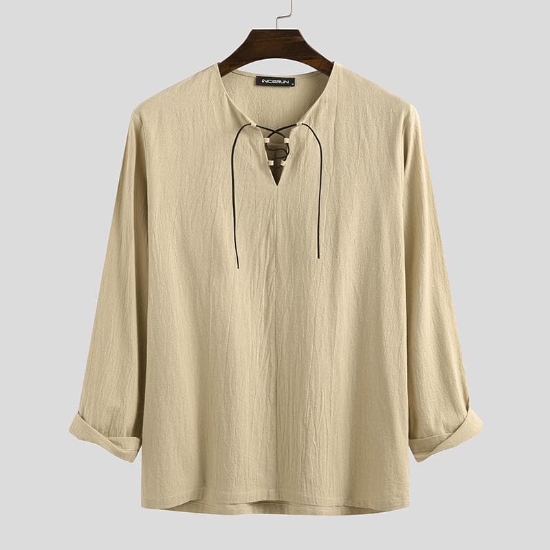 INCERUN 100% Cotton Men Long Sleeve Lace Up Shirts Vintage Solid Color Casual Shirt Tops S-XXXXXL L khaki