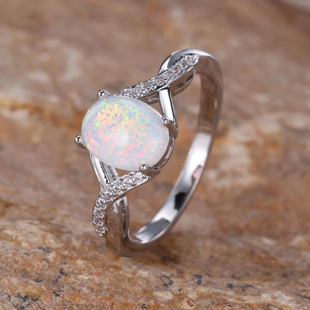 Trendy Oval Stone Engagement Rings for Women Silver Color Wedding Band Jewelry 8 silver/white