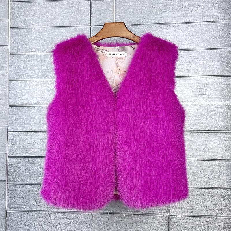 Women'S Faux Fur Vest Short Sleeveless Warm Winter Furry Cardigan Jacket Vest Temperament Versatile Candy Color Open Front Vest L rose red