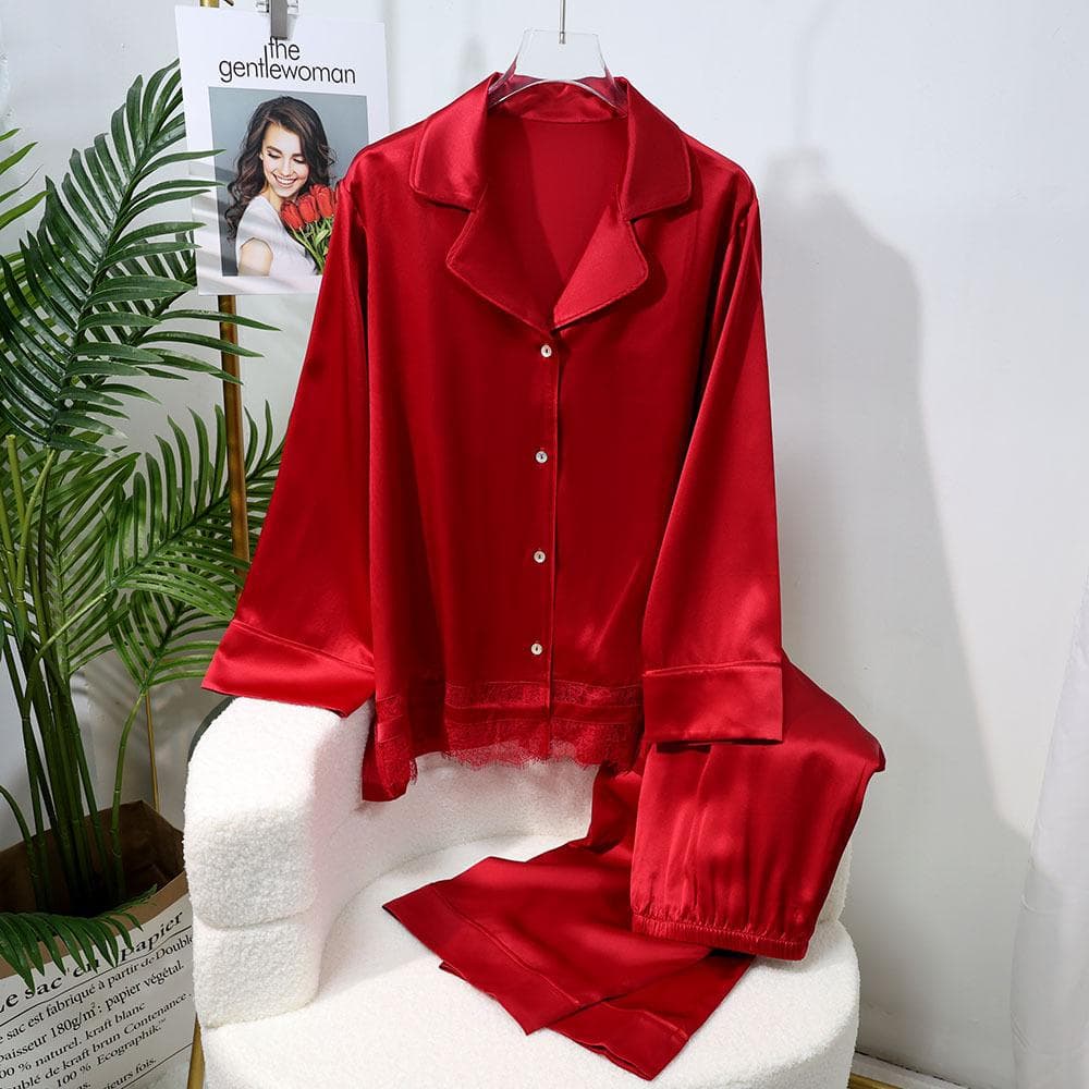 100% Silk Home Clothes Real Silk Pajamas Set Women Long Sleeve Shirt Pants Solid Color Loungewear Lapel Pijamas Nightwear XL red