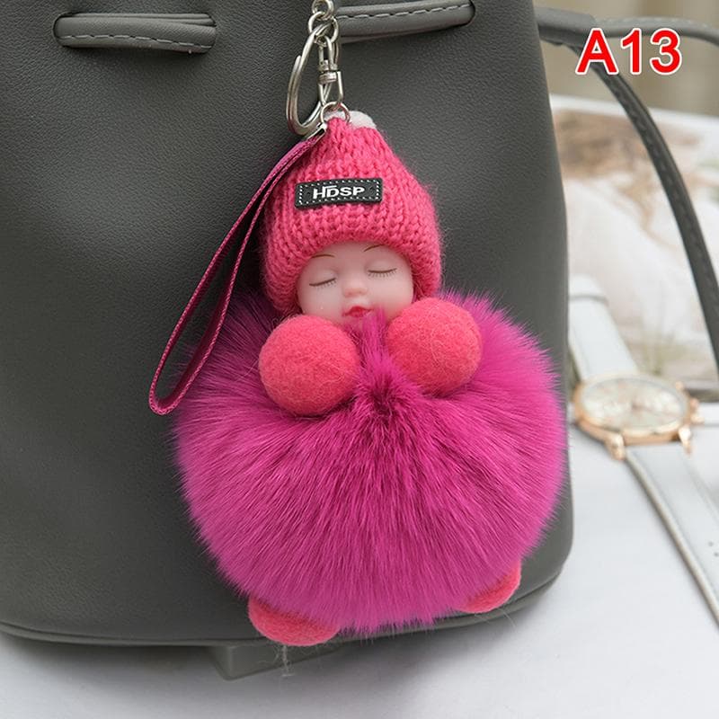 Pompom Sleeping Baby Keychain Cute Fluffy Plush Doll Keychains