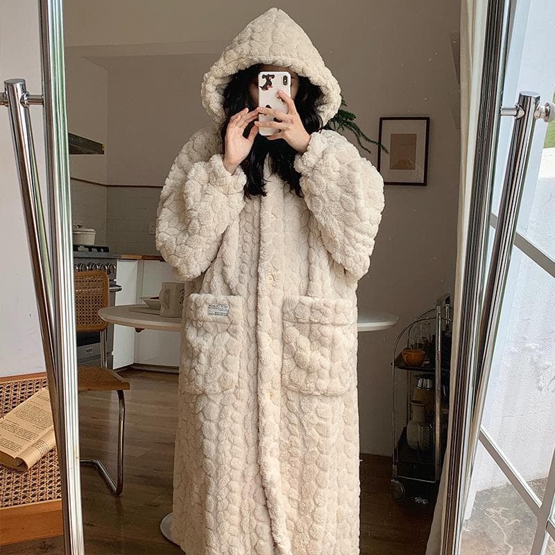 New Cute Womens Plush Soft Robe Fluffy Long Warm Fleece Bathrobe Winter Girls Sweet Fleece Robe Sleepwear Plush Thick Nightgown XXL beige