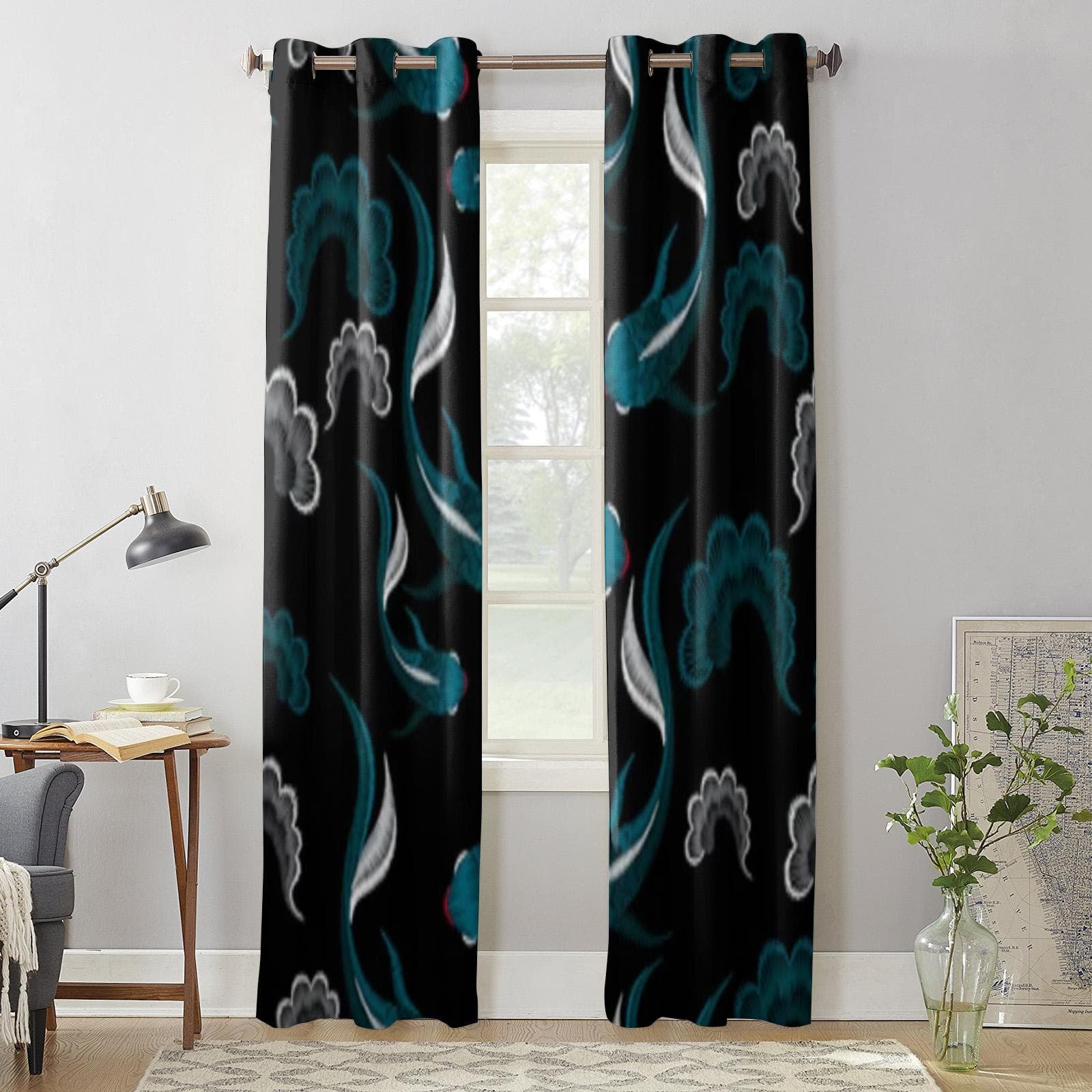 Beautiful Ethnic Koi Fish Window Curtain For Kids Room Home Blinds Curtains For Living Room Bedroom Window Drapes 135W x 60H(cm) x1