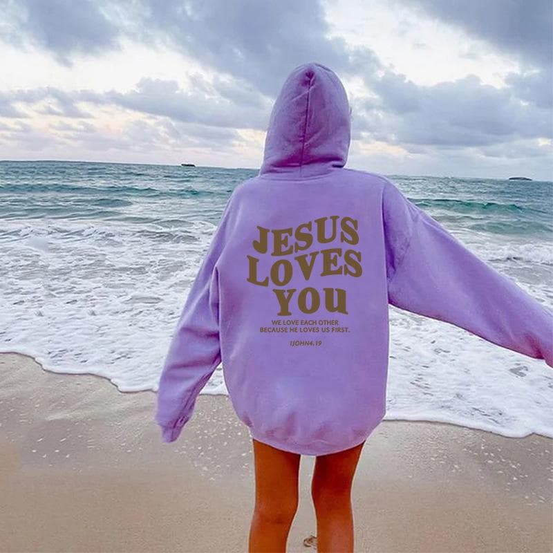 Jesus Loves You Oversized Graphic Hoodie Women Hip Hop Vintage Hooded Sweatshirts Pullover Tops For Women Trendy Aesthetic Top XXL lavender