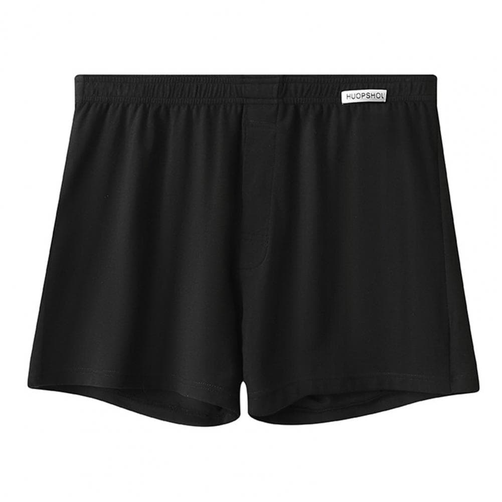 Men Boxer Underwear Open Design Button Placket Mid-rise Elastic Waistband Shorts Briefs Solid Color Loose Fit Underwear M black