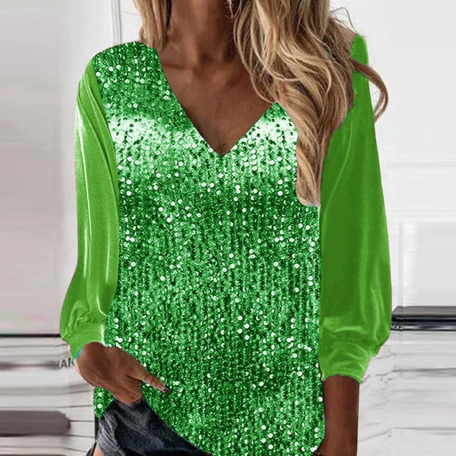 Womens Sequin Tops V Neck Sparkly Glitter Blouses Loose Long Sleeve Holiday Evening Party Shiny Dressy Shirts L