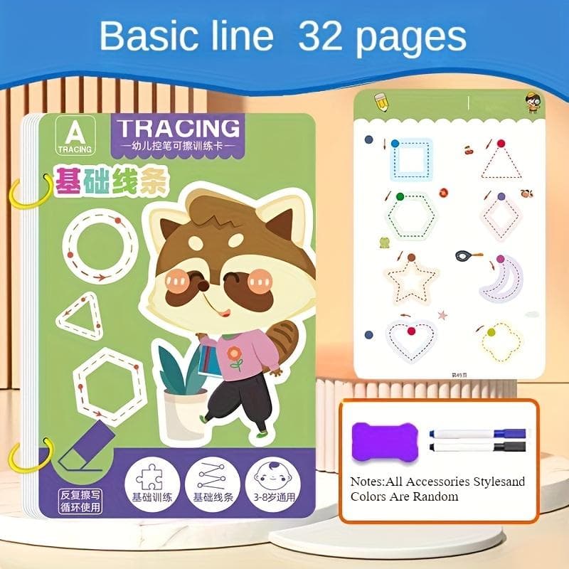 Set of 32 Reusable Educational Practice Book, Erasable Writing Tracking Pad, with Control Training and Enlightenment Exercises for Ages 3-6