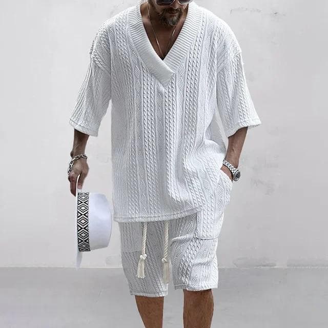 Summer Casual Shorts Set Knitted Two Piece Men's Clothing V-Neck Short Sleeve T-shirt and Shorts Streetwear Knit Outfits M white
