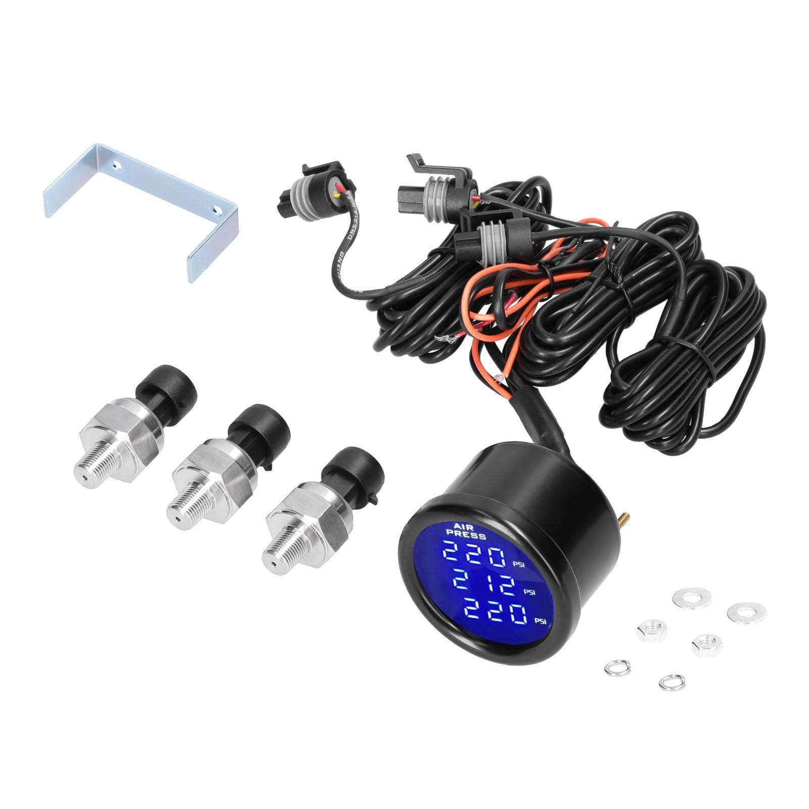 Triple Display Air Pressure Guage LED Digital Air Suspension Gauge 0-220PSI with 3pcs 1/8NPT Sensors black