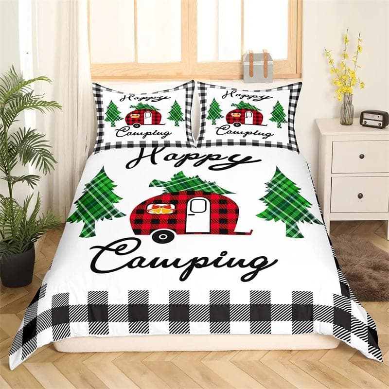 Happy Camping Comforter Cover King, Summer Camping Decoration Bedding For Boy Teens Family, Beach Vacation Style Duvet Cover Set 135x200cm 2pcs