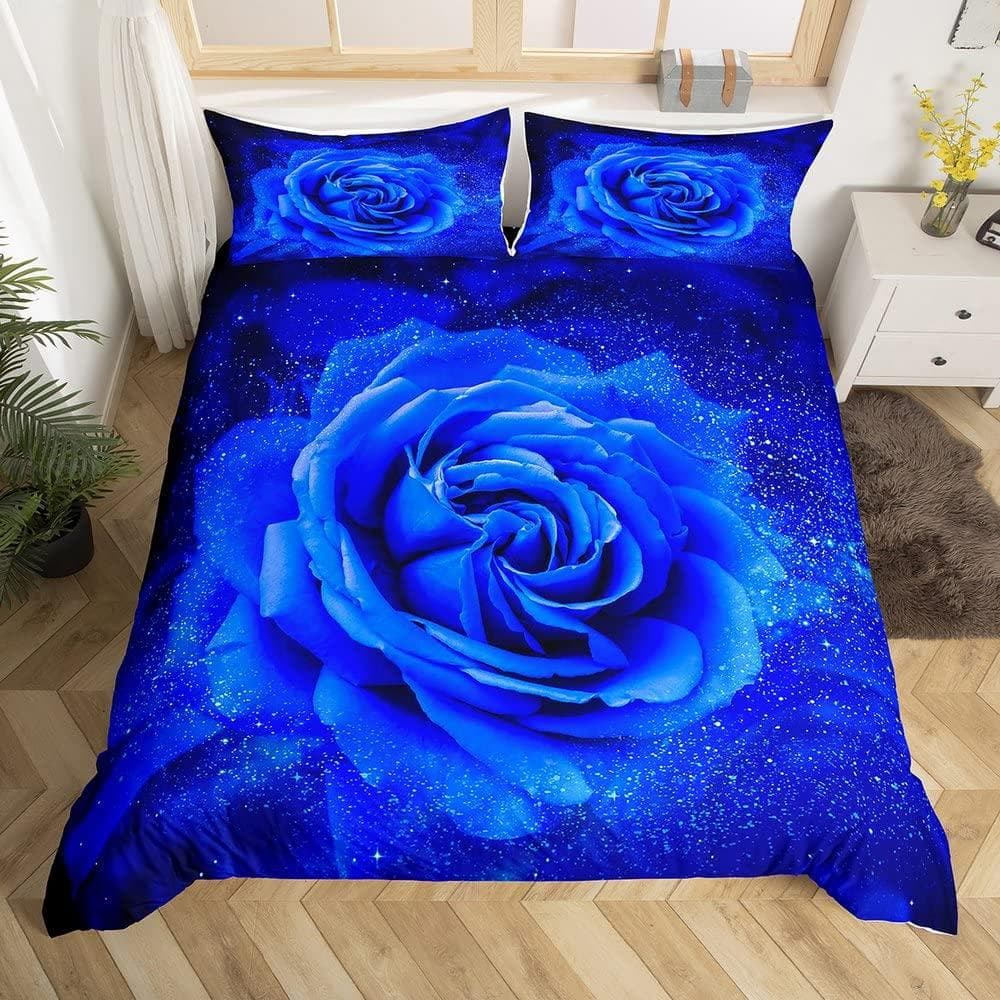 Blue Rose King Queen Bedding Set Romantic Floral Duvet Cover Abstract Water Ripples Flower Comforter Cover Polyester Quilt Cover 70x133cm 2pcs