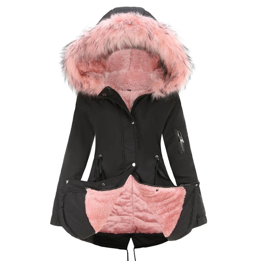 Women Thickened Fleece Lined Parka Coat Mid-Length Faux Fur Hooded Winter Outdoor Padded Trench Jacket Overcoat Warm Outwear S-5XL Plus Size Oversized 2XL black/pink