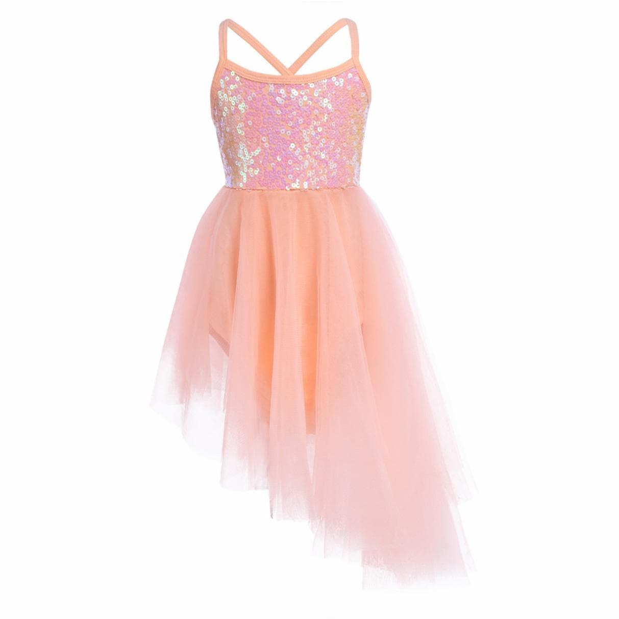 Kids Girls Stage Dance Clothing Sleeveless Sequin Asymmetrical Tulle Ballet Dance Gymnastics Leotard Dress 4-5 Years orange
